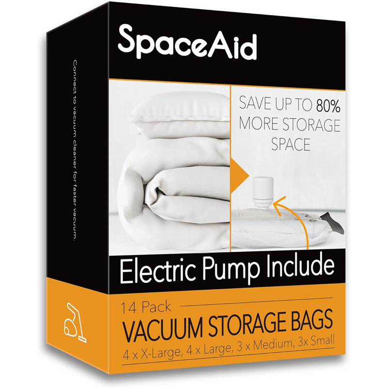 SpaceAid 14 Pack Vacuum Storage Bags with Electric Air Pump Space Saver Compression Bags for Comforters Blankets Pillows Bedding and Clothes Includes 4 Jumbo 4 Large 3 Medium and 3 Small Bags Wayfair
